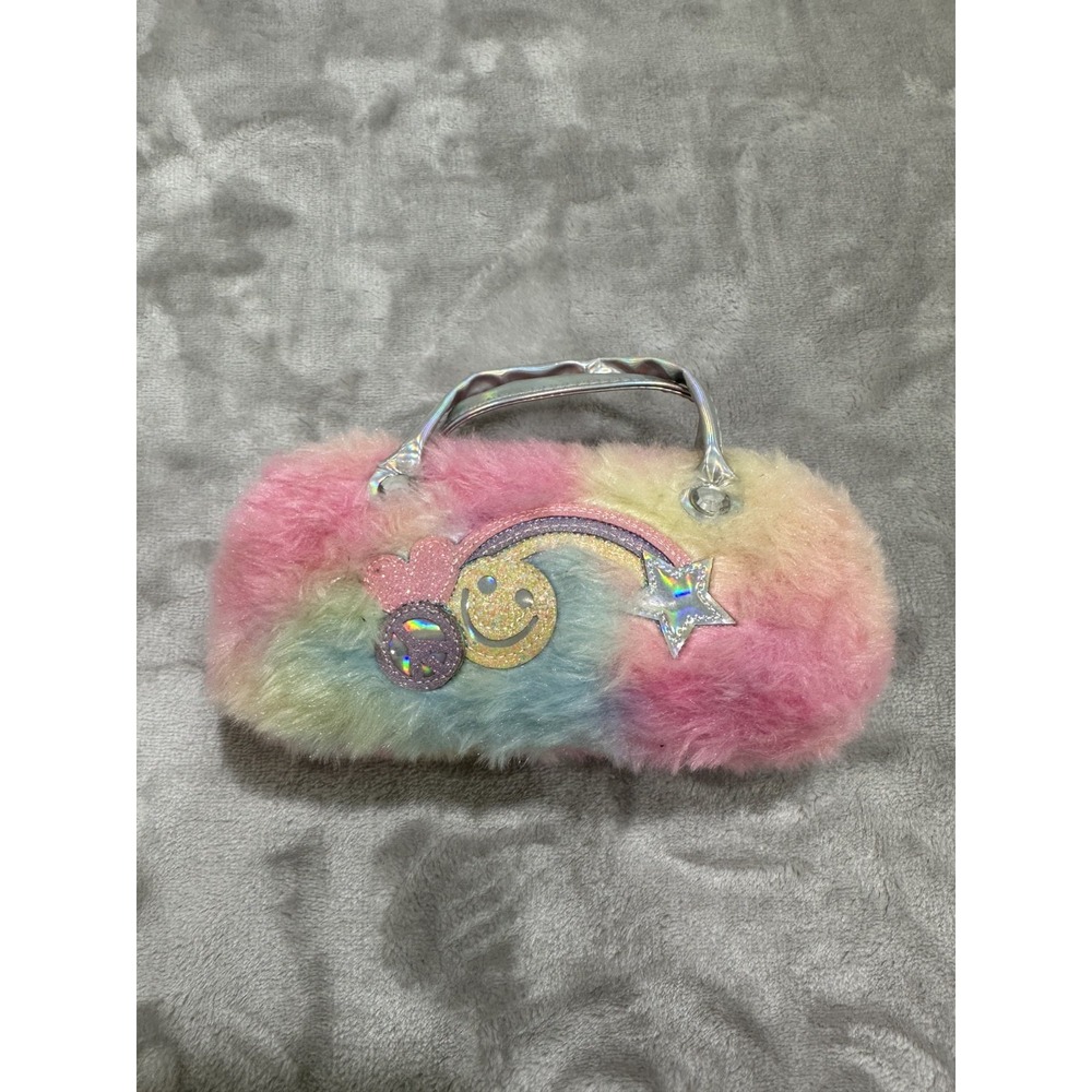 Childrens Place Girls Clutch Purse Fuzzy‎ Faux Fur Happy Face Pink Yellow EUC